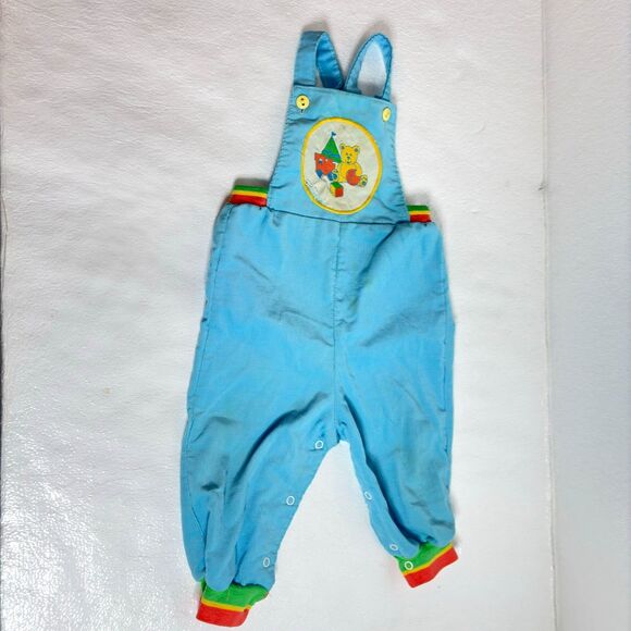 Health-tex Vintage 80s Blue Yellow Bear Bib Overalls 24 Months Corduroy - Picture 1 of 12